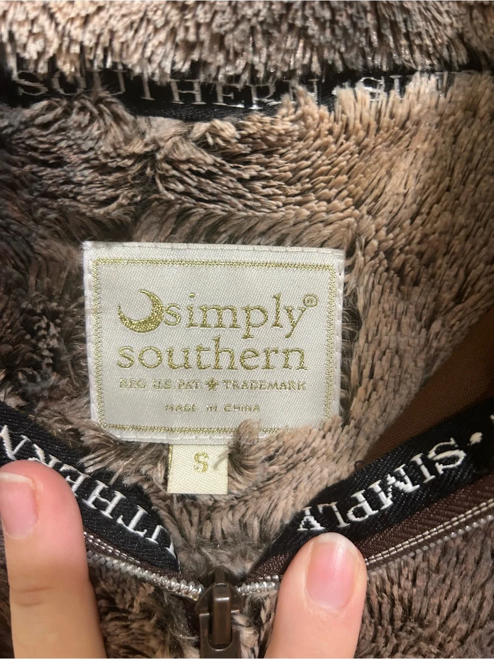 Simply Southern Brown Plush Faux Fur Quarter Zip Pullover Small